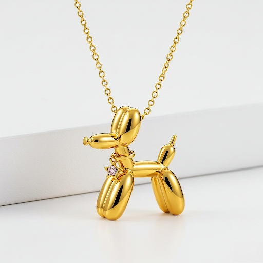 Custom Stainless Steel Balloon Dog Pendant Necklace with Pink Star Zirconia Stone